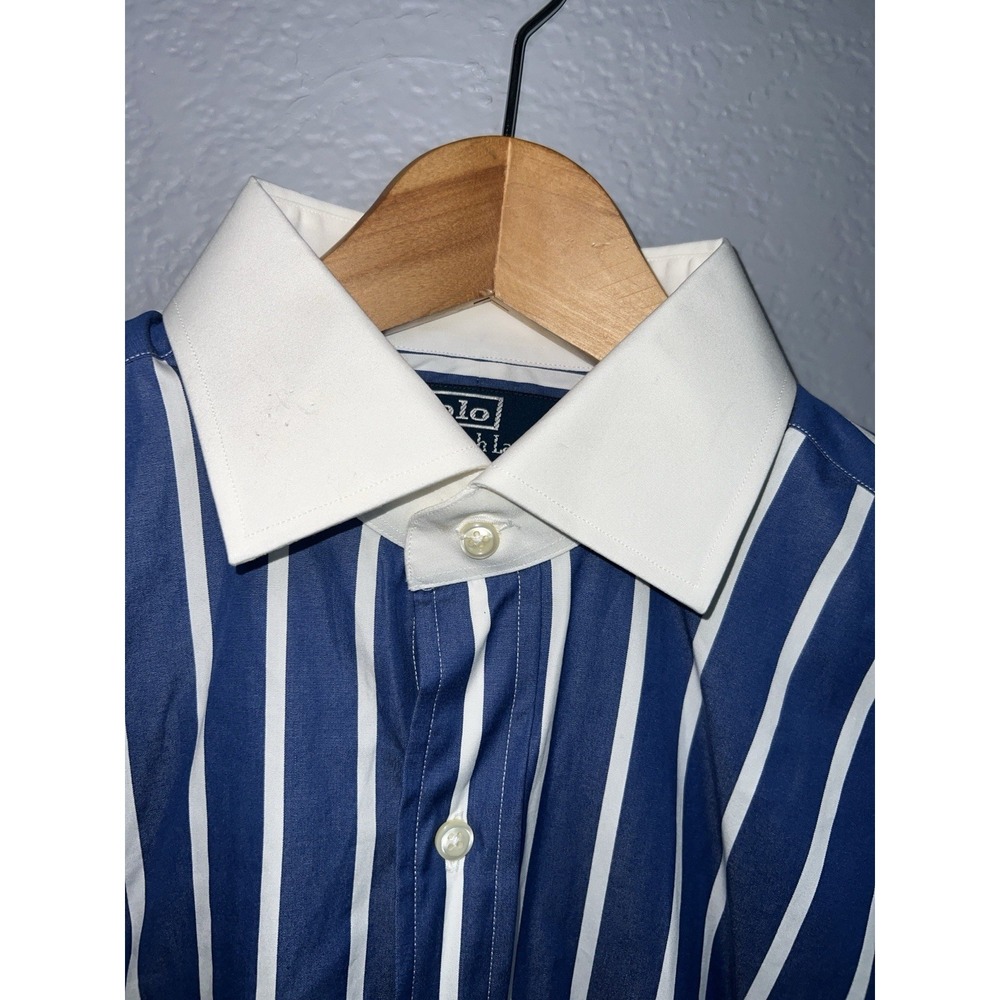 Polo Ralph Lauren Button Up Shirt Mens 15.5 Indigo Stripe White Collar 30s Style - Picture 3 of 11